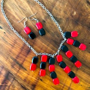 Necklace and Earring Set Black and Red Beads